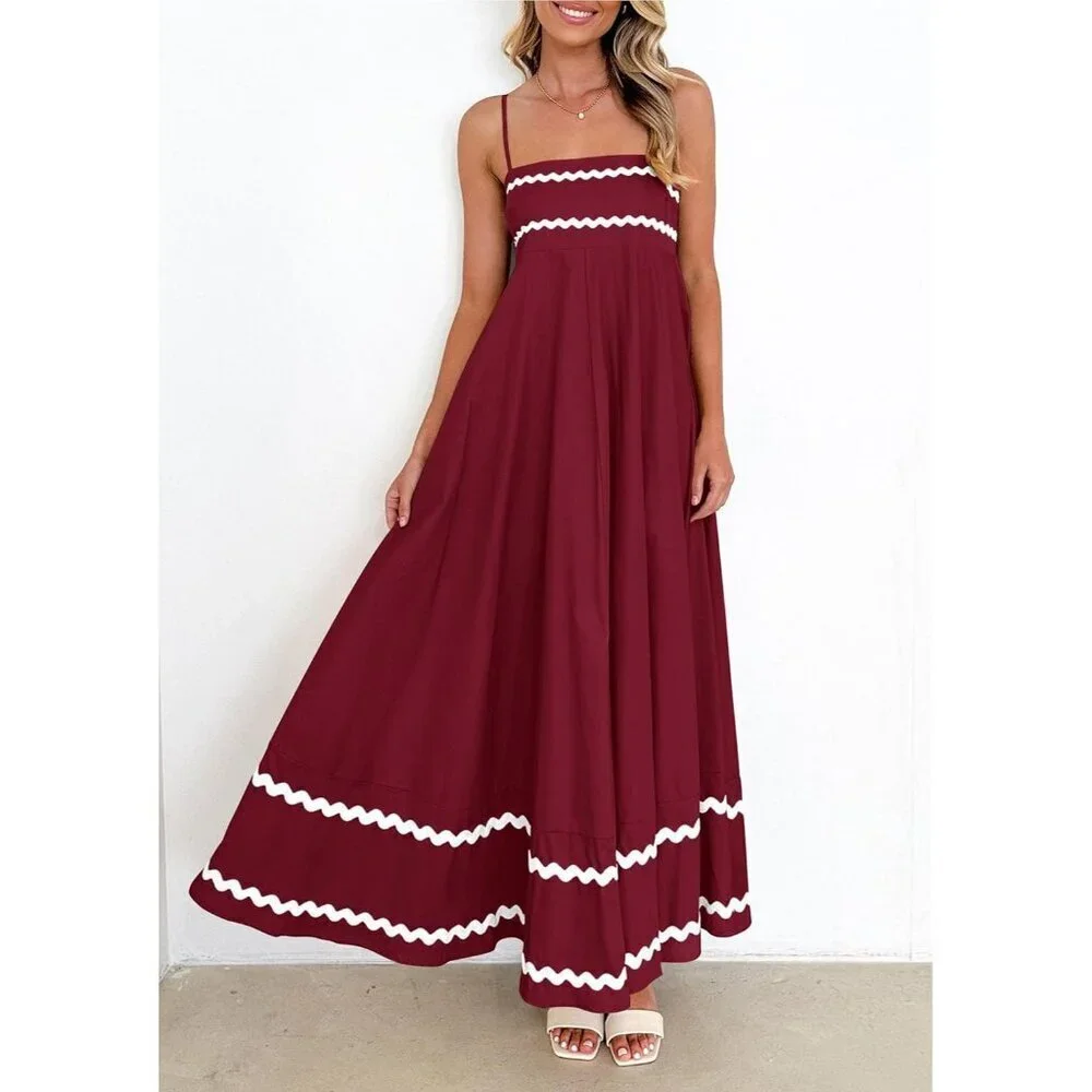 Women's Dark Red Casual Sleeveless Spaghetti Strap Ruffle Beach Maxi Dress